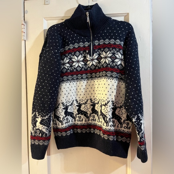 Wool Navy Reindeer Sweater Quarter Zip M - Picture 2 of 7